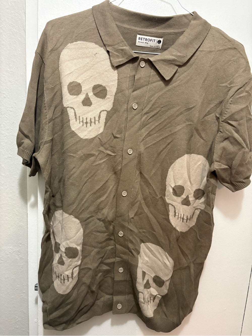 Retrofit Olive Green Skull Knit Button-Up Shirt